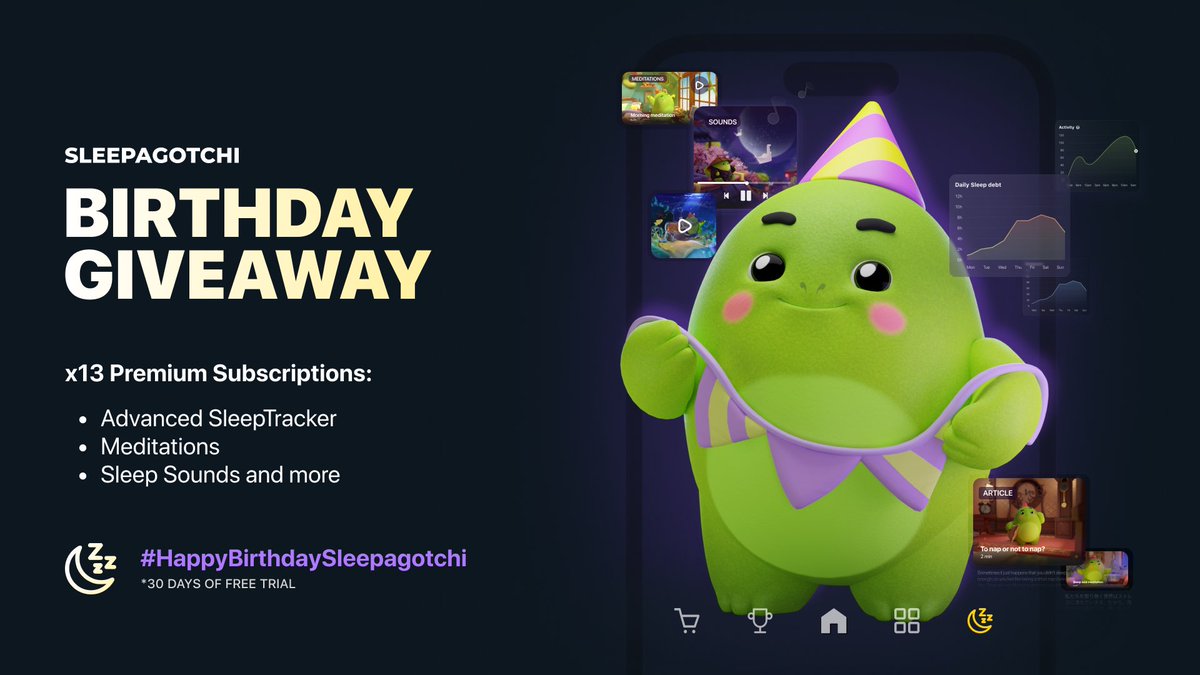 🎊Gotchi Birthday Giveaway🎊

Today is our one-year anniversary and we decided to celebrate by giving away 13 Sleepagotchi Premium Subscriptions🥳🔥

✅Rules:
・follow <a href="/sleepagotchi/">Sleepagotchi 💤🦖</a>
・RT &amp; like this tweet
・reply under this tweet with #HappyBirthdaySleepagotchi

Ends 06/02
*for