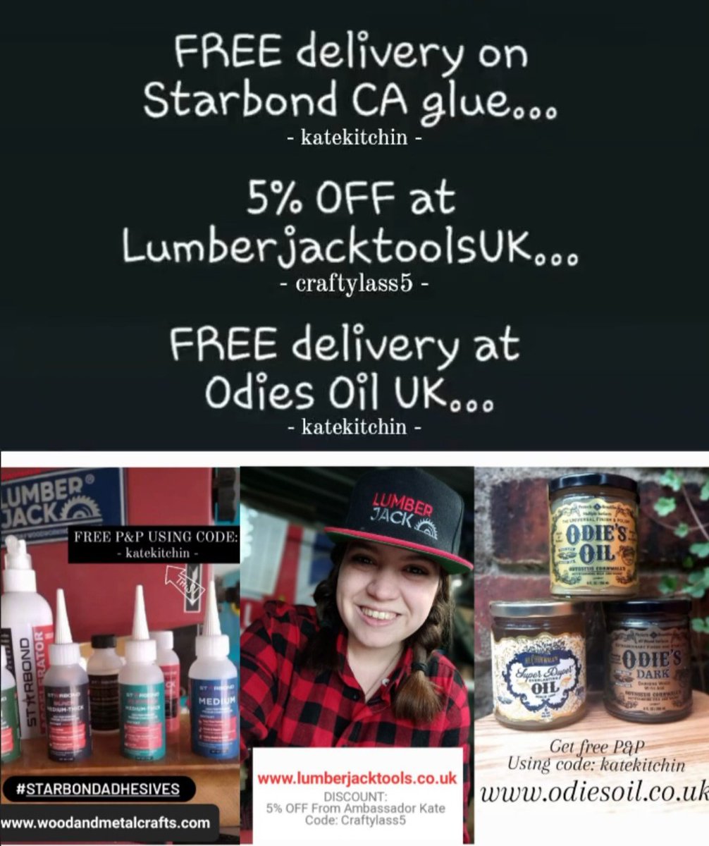 Save these codes and treat yourself this bank holiday weekend ❤️ x

odiesoil.co.uk - katekitchin -

woodandmetalcrafts.com/product-catego… - katekitchin -

lumberjacktools.co.uk
- Craftylass5 -

#Promotion #discount #code #discountcode #lumberjacktoolsUK #odiesoilUK #starbondUK x