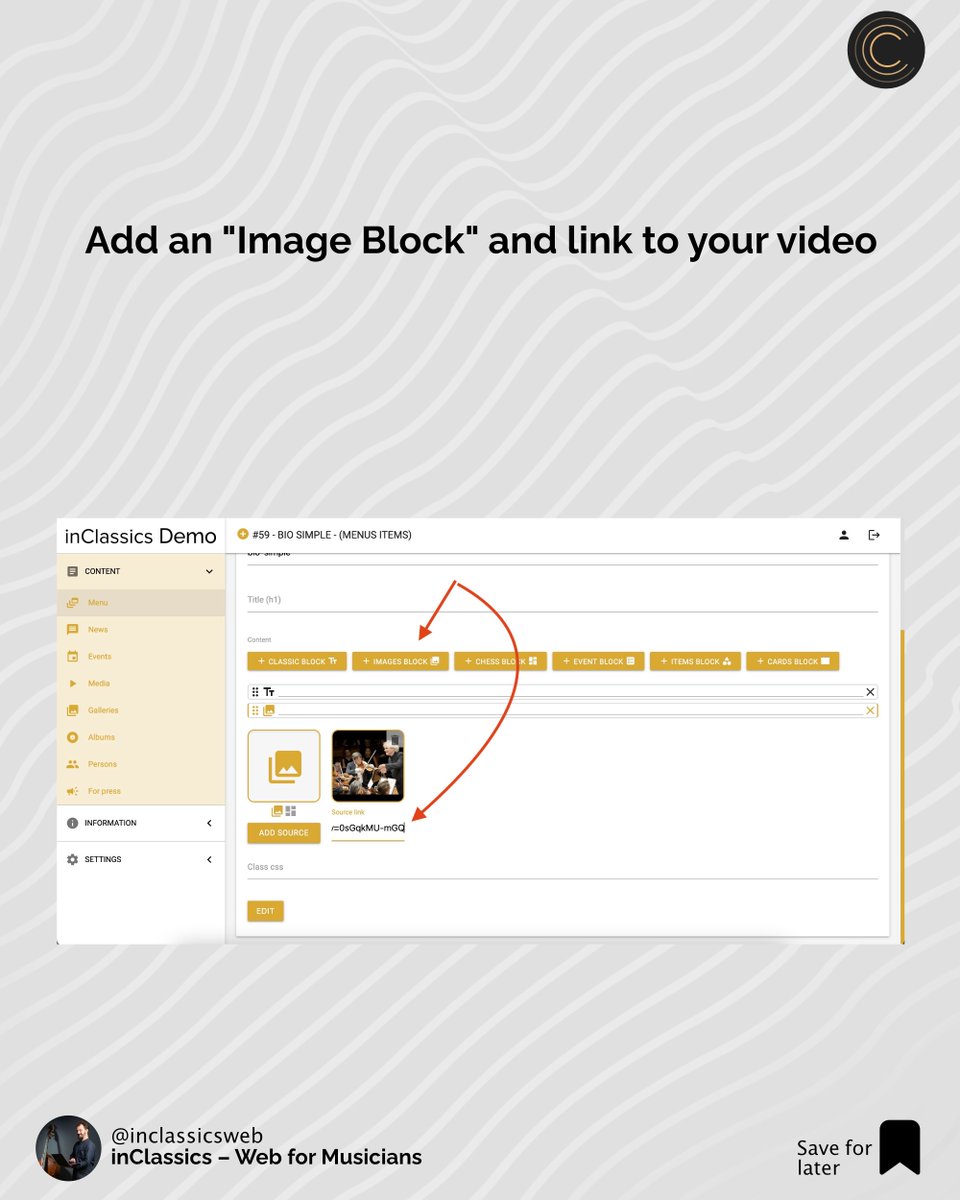 inclassicsweb's tweet photo. How easy is it to add a video to your website on inClassics? Check it out!

Want to know more features of our websites? Visit https://t.co/ovTw4oMTve
#inclassics #musicianwebsite #musician https://t.co/AN9uWJj4aF