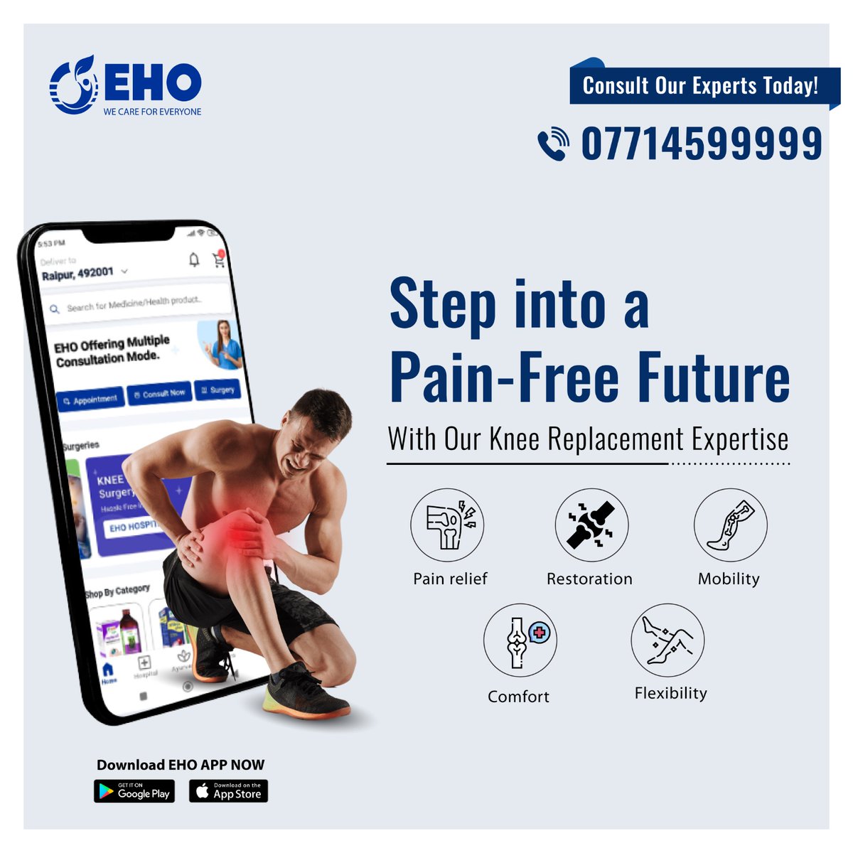 EhoHealthcare's tweet photo. Tired of living with chronic knee pain? 

#kneereplacement #ChronicalPainrelief #Kneepain #Jointpainrelief  #painrelief #Painfreelife #Mobility #Surgery #Hospital #Doctor #EHO 

📲Download Our App on :
Playstore: https://t.co/UV3fVE8kJs
Appstore: https://t.co/tZc7qK2ymB https://t.co/VBdHh7JevK
