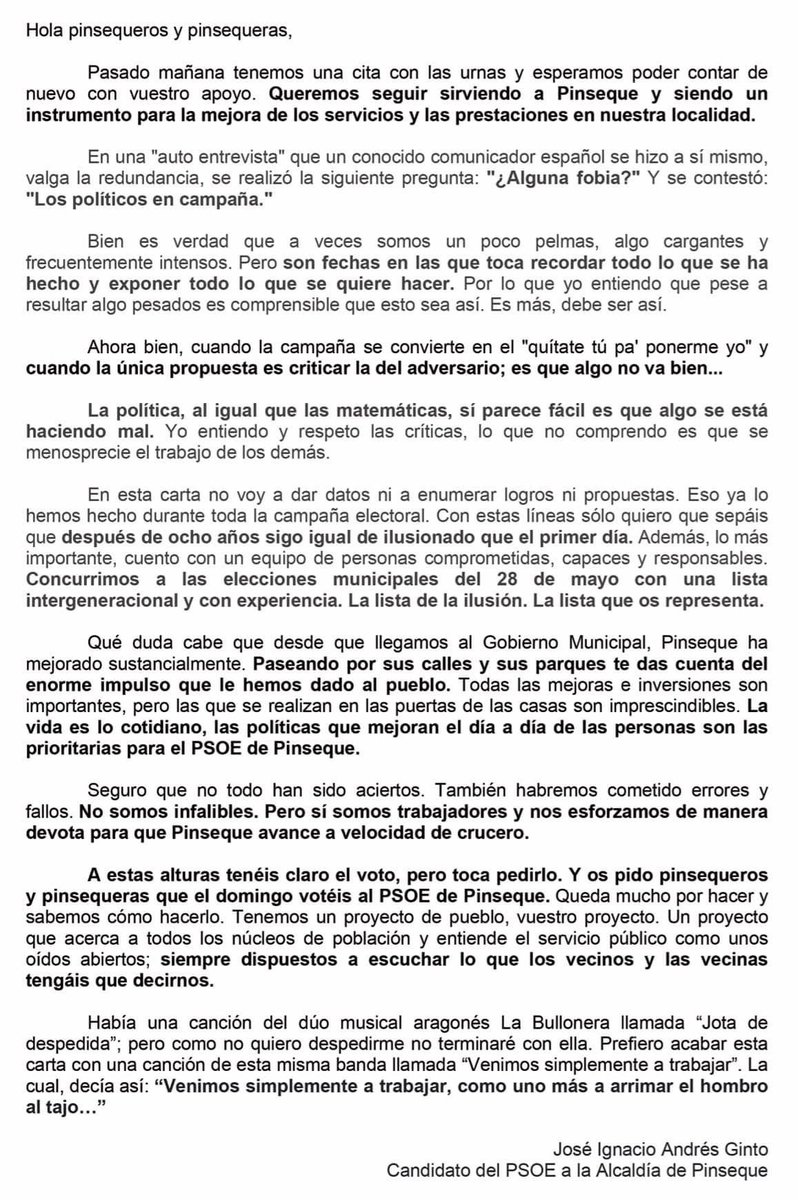 🌹🟡⚫️ El alcalde de Pinseque y candidato a la alcaldía por el PSOE, Josi, se dirige a tod@s l@s vecin@s con esta carta. La cual, podéis encontrar hoy en vuestros buzones.

#pinsequeesloprimero❤️
#todoporpinseque
#ConJosiSí
#VotaPSOE
#28M