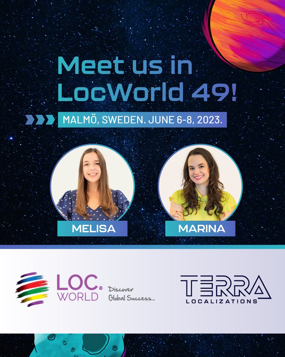 Terra_Loc's tweet image. We’re getting ready for LocWorld 49! ✈️

From June 6-8, Marina and Melisa will represent Terra Localizations in Malmö, Sweden.  Hope to see you around!

#LocWorld #VideoGameLocalization #l10n