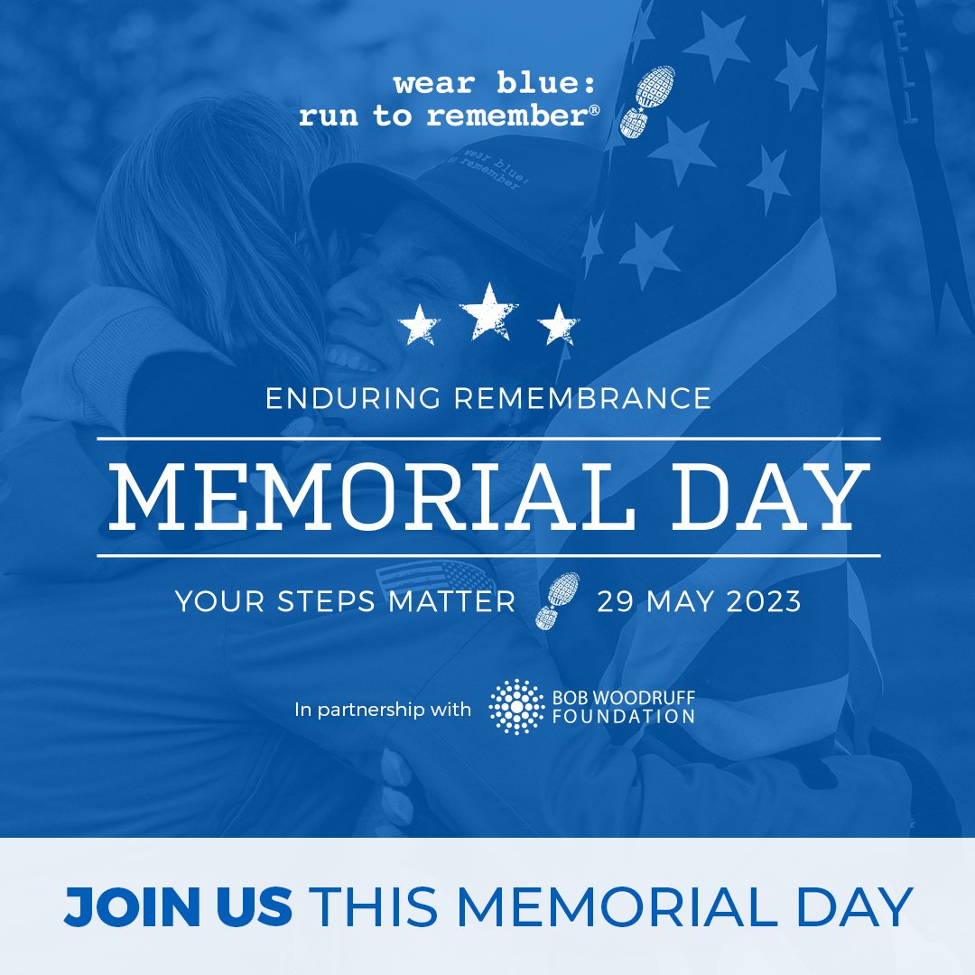 Next Monday, join our community in creating a living memorial as we ensure the enduring remembrance of the service and sacrifice of the American military. Join us: wearblueruntoremember.org/memorialday #wearblueruntoremember #MemorialDay #EnduringRemembrance #livingmemorial
