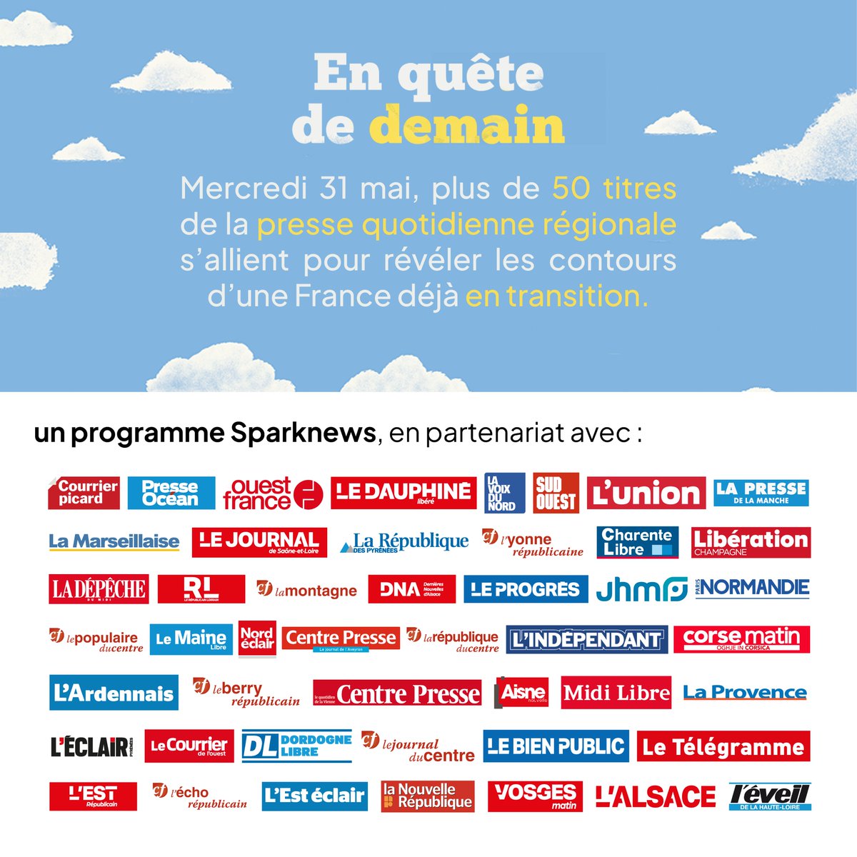 📰🤝🥖#EnQuêteDeDemain revient !
Le 31 mai, toute la #PQR &amp; <a href="/sudouest/">Sud Ouest</a> s'unissent avec <a href="/Sparknews/">Sparknews</a> pour publier un supplément commun &amp; partager une vision de la transition écologique &amp; sociale constructive &amp; engagée, tournée vers celles &amp; ceux qui œuvrent déjà au monde de demain