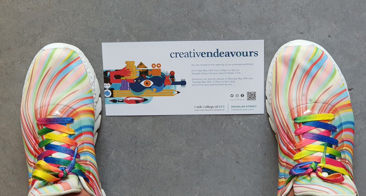 When ones shoes match the invite 😀 looking forward to this evening’s opening of our graduate exhibition #CreativeEndeavours @ 6.30p.m. @DouglasSt_CCFET @CorkETB @DenisLeamy @ThisisFet @elmarie96 @torban69 @pure_cork  @whazoncork @corkbeo @SOLASFET @echolivecork @DSC_Library #FET