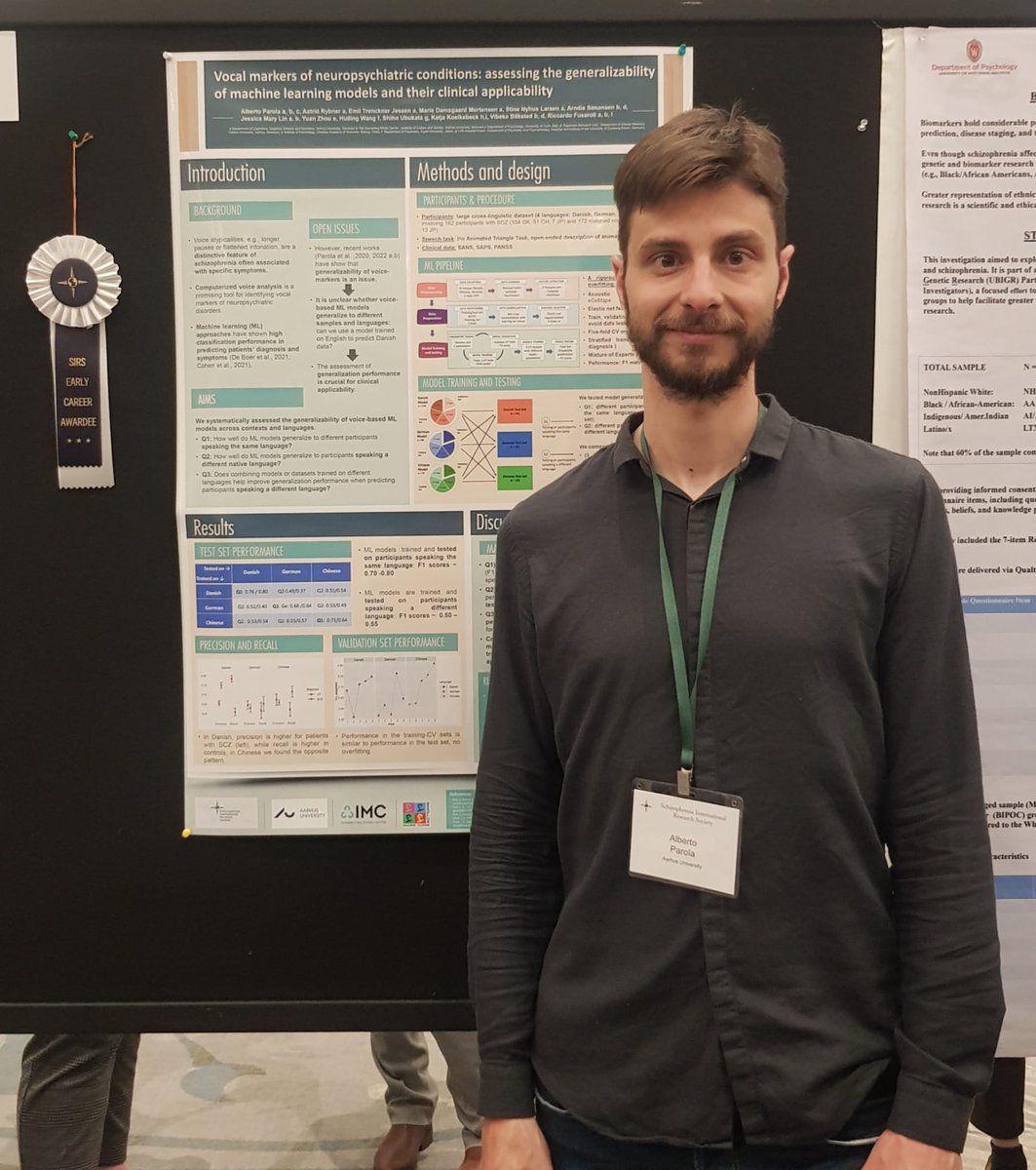 AlbertoParola2's tweet photo. It was an immense honor to receive the Early Career Award at the #SIRS2023 Congress in Toronto! 

Thanks to the many visitors of our poster with @Fusaroli et al. on the generalizability of voice-based machine learning models of schizophrenia for the insightful feedback! https://t.co/yusVE1NQAZ