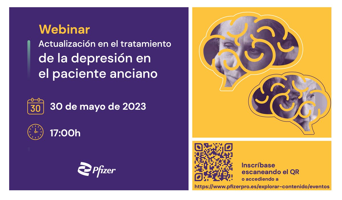 pfizer_spain's tweet photo. 👩🏻💻 🩺 Invitamos a profesionales sanitarios a este webinar que organizamos de actualización en el abordaje de la #depresión en el paciente anciano #PfizerPro
🗓️ Martes 30
🕕 17h a 18:30h
✍🏻 https://t.co/y66Q1pwqvI https://t.co/wmpH2GPRiu