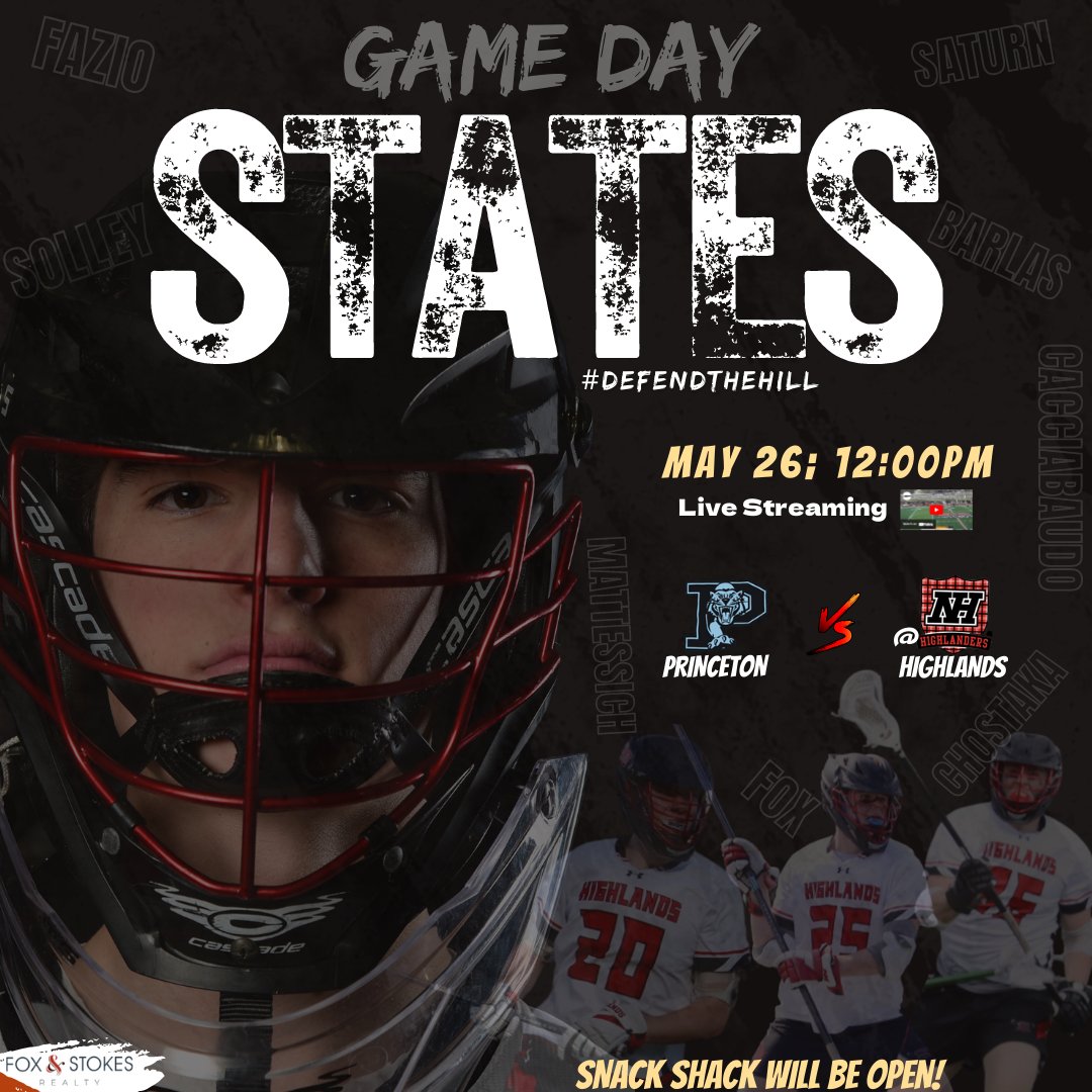 GAME DAY!!! We host Princeton in Rd. 1 of the State Tournament at 12:00pm. Snack Shack will be open for a quick lunch. 

#LetsGoHighlands #foxandstokes #2023laxseason #DefendtheHill