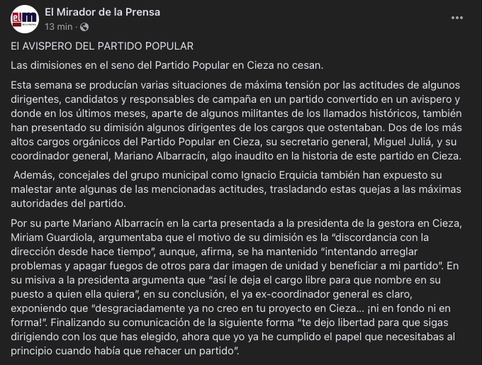 🔴 #URGENTE | El Avispero del Partido Popular: las dimisiones no cesan en el seno del Partido Popular de Cieza.

🔗 m.facebook.com/story.php?stor…