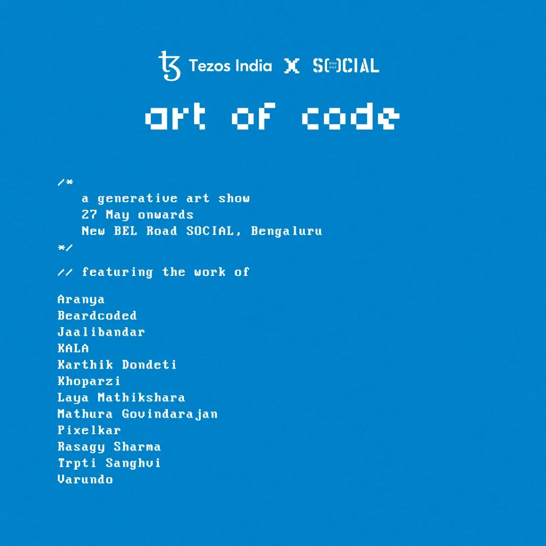 rasagy's tweet photo. BLR folks: India’s first-ever #GenerativeArt Exhibit launches tomorrow (27 May) evening at @SocialOffline, New BEL Road.

👥 6PM: Panel on “The Machine Whisperers: A Conversation with Computational Artists”, hosted by @angadbsodhi 
🚀 7PM: Exhibition launch!
🎶 9PM: Algorave! https://t.co/r5TFUqoYq4