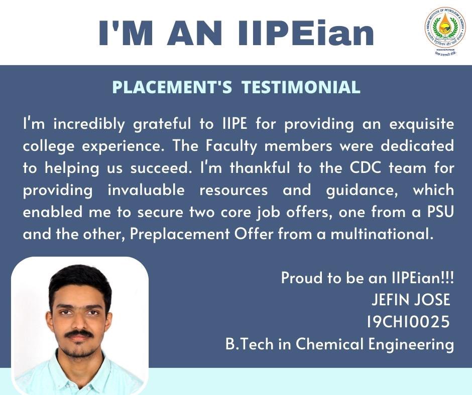 IIPE_vizag's tweet photo. 2023 Batch Placement’s Testimonial.

#iipe #iipeplacements #mopng #mnre #iit #iitjeeadvanced #2023campusplacements #pmo #oilandgas #chemicalindustry https://t.co/dIAYHmsJVE
