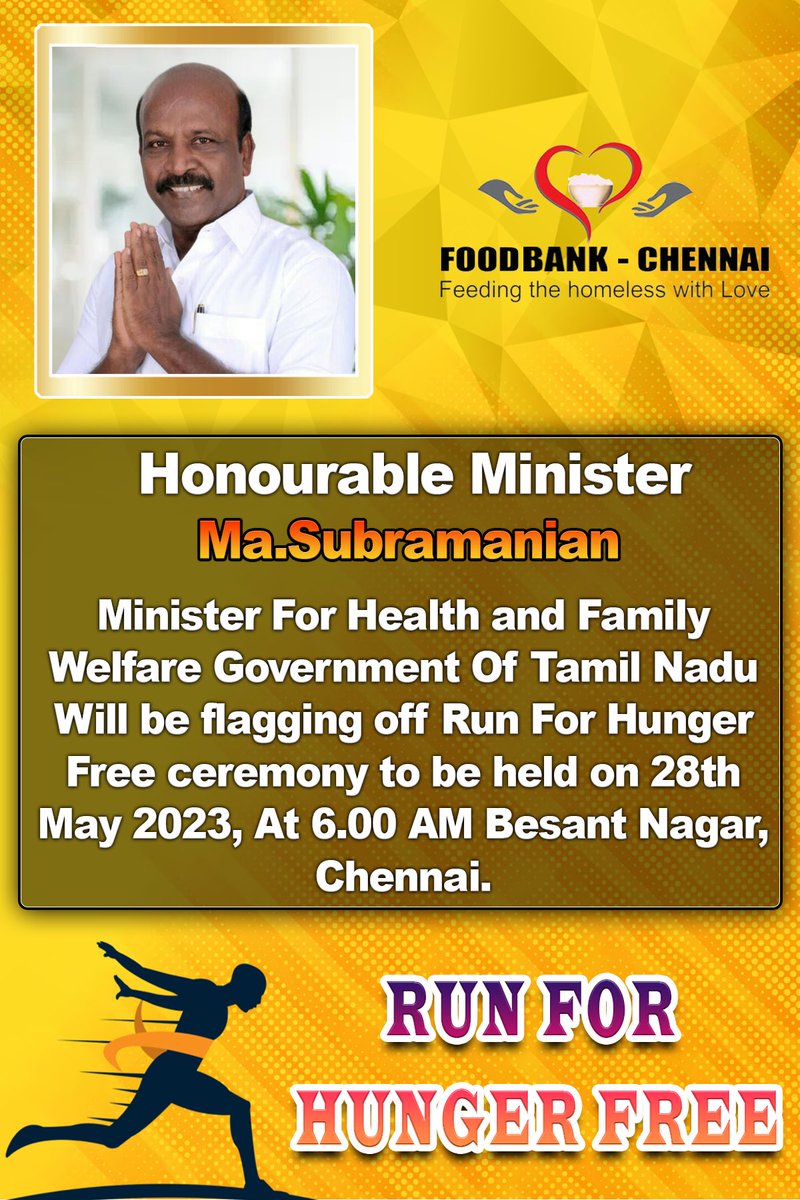 snehamohandoss's tweet image. Thank You Honourable Minister @Subramanian_ma For Accepting Our Invite To Support #RunForHungerFree Awareness Run On World Hunger Day.
@FoodBankChennai @FoodBankIndia 

#WorldHungerDay #FoodBankChennai 
@WHO @fssaiindia
