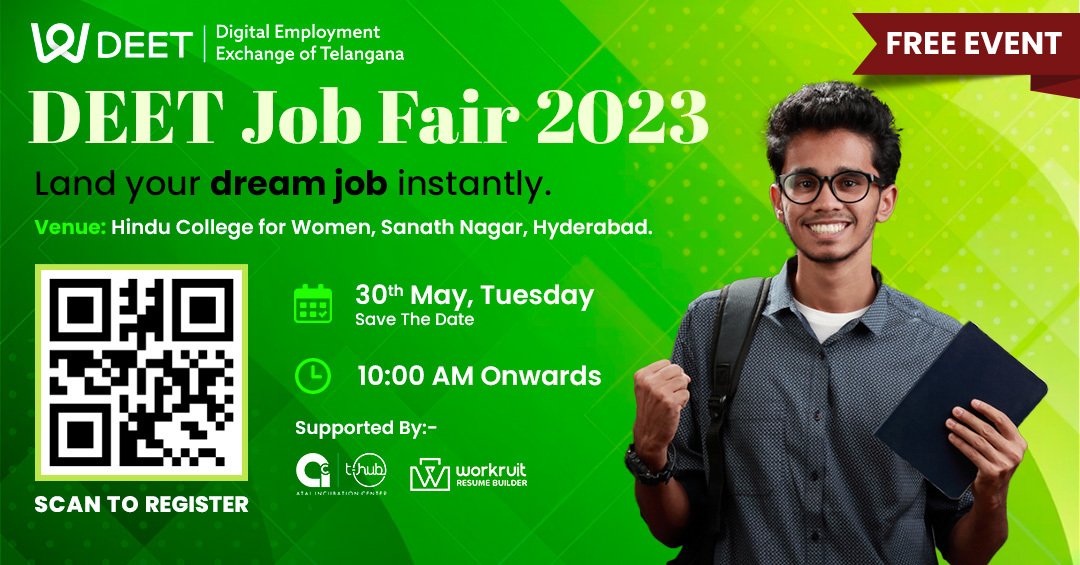 Looking for your #dreamjob?
Join us at the DEET #Jobfair at the Hindu College for Women, Sanath Nagar on 30th May, 2023 - Tuesday from 10:00 A. M. onwards.
Register yourself for free now on bit.ly/420HoTz and take the first steps towards your career.

#jobsintelangana