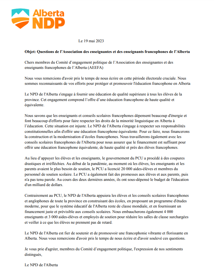 Votre comité d'engagement politique a écrit à tous les partis politiques de l'Alberta afin de mieux connaître leur plateforme vis-à-vis l'éducation francophone. À présent, seulement un parti a répondu, voici leur réponse et n'oubliez pas d'aller voter!