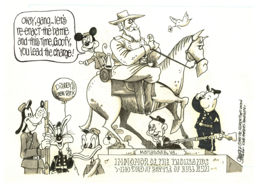 Political cartoons from 1994 as Disney goes to 'war' with Protect Historic America and Congress over Disney's America theme park
