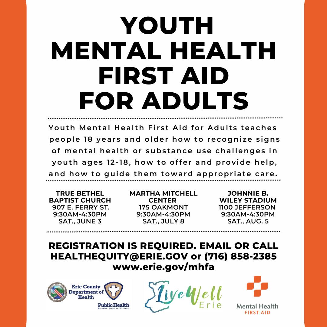 Free trainings for Youth Mental Health First Aid for Adults: for people 18 years+ to learn how to recognize signs of mental health or substance use challenges in youth ages 12-18, how to offer/provide help, &amp; how to guide them toward appropriate care.
www3.erie.gov/health/press/e…