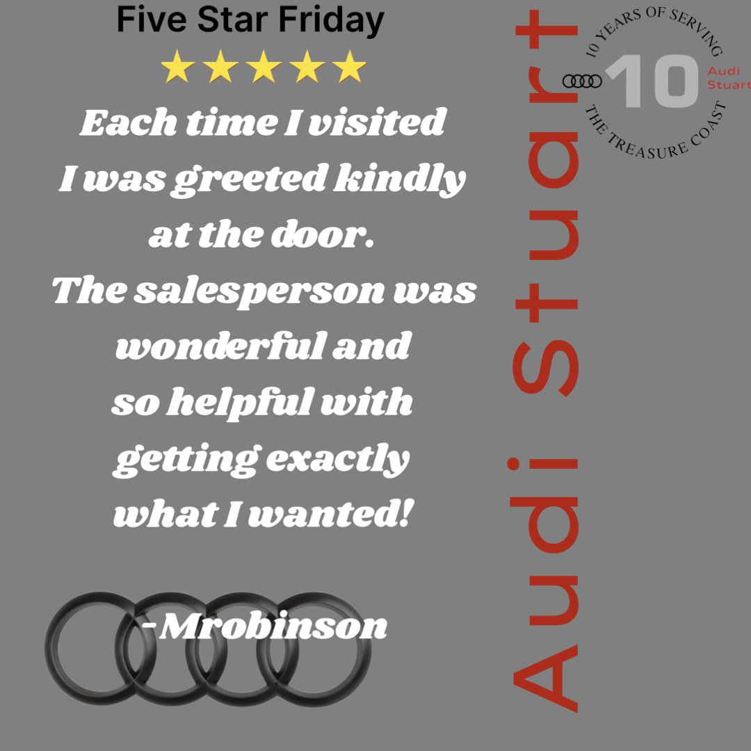 Five Star Friday at Audi Stuart!

AudiStuart.com

#AudiStuart #Audi #FiveStarFriday #HappyCustomer #CustomerSatisfaction