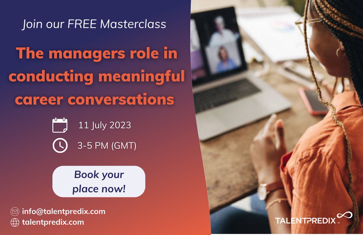 TalentPredix's tweet photo. 👥 Our next event is a free online masterclass entitled “The managers role in conducting meaningful career conversations”

📣 Join us on the 11 July, 3-5pm BST!

👉🏻 Slots are limited, so register now and book your place today to avoid disappointment: https://t.co/1UHUOKKNGD https://t.co/Jrwg9YAkHD
