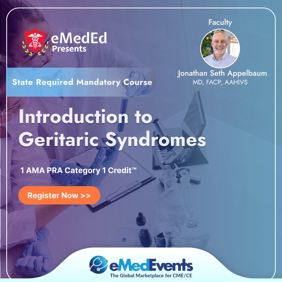 In this online course, you will learn the ways in which geriatric syndromes contribute negatively to the overall health and longevity of older individuals. 

Register Today: bit.ly/3OGv6tF

#Generalpractice #PhysicianAssistants #Nursing #geriatricsyndroms #eMedEvents