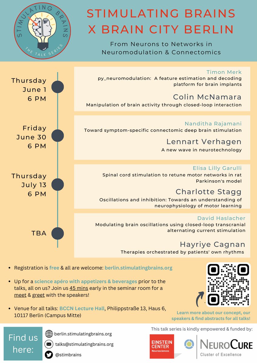 stimbrains's tweet image. 🙏 to @ECN_Berlin &amp;amp; @NeuroCureBerlin, @stimbrains just got a little Berlin sister! Come around next Thur for the kick-off event w/ @MerkTimon &amp;amp; Colin McNamara! Snacks &amp;amp; drinks all on us!🥳

🍻Science apéro: 5:15PM
🪄Talks: 6PM
📍@bccn_berlin Lecture Hall
💡berlin.stimulatingbrains.org