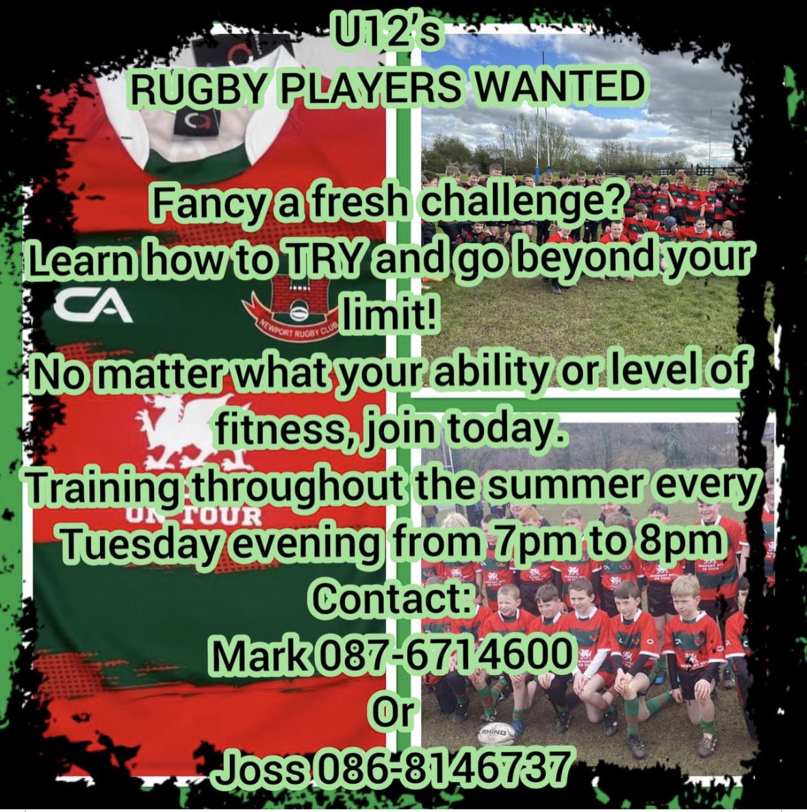 U12’s Rugby Give Away for anyone interested in playing U12’s Rugby. If you start training now and keep going over the summer at the start of next season you will receive a Newport RFC Training T-Shirt and Newport RFC socks. @cconnellns @birdhill_ns @lisnagryns @ahane_s