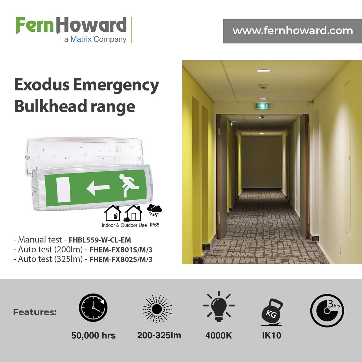 IK10 polycarbonate Emergency LED Bulkhead can be fixed to the wall or ceiling. Ideally place within larger areas to fully optimse maximum viewing distance of 25m. With an IP65 protection class it is suitable for internal and external usage. 

Enquire now: sales@fernhoward.com