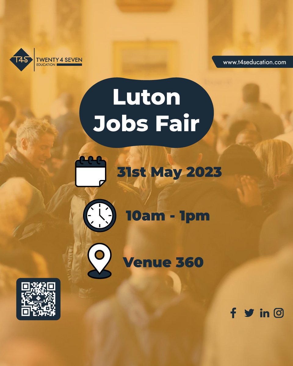 On Wednesday the 31st of May, we will be at Venue 360 for the Luton Careers Fair!

Come and visit the T4S team at our stand from 10am - 1pm

We look forward to meeting everyone!

#EducationCareers #TeachingOpportunities #TeachingCareers #EducationRecruitment #EducationEmployment
