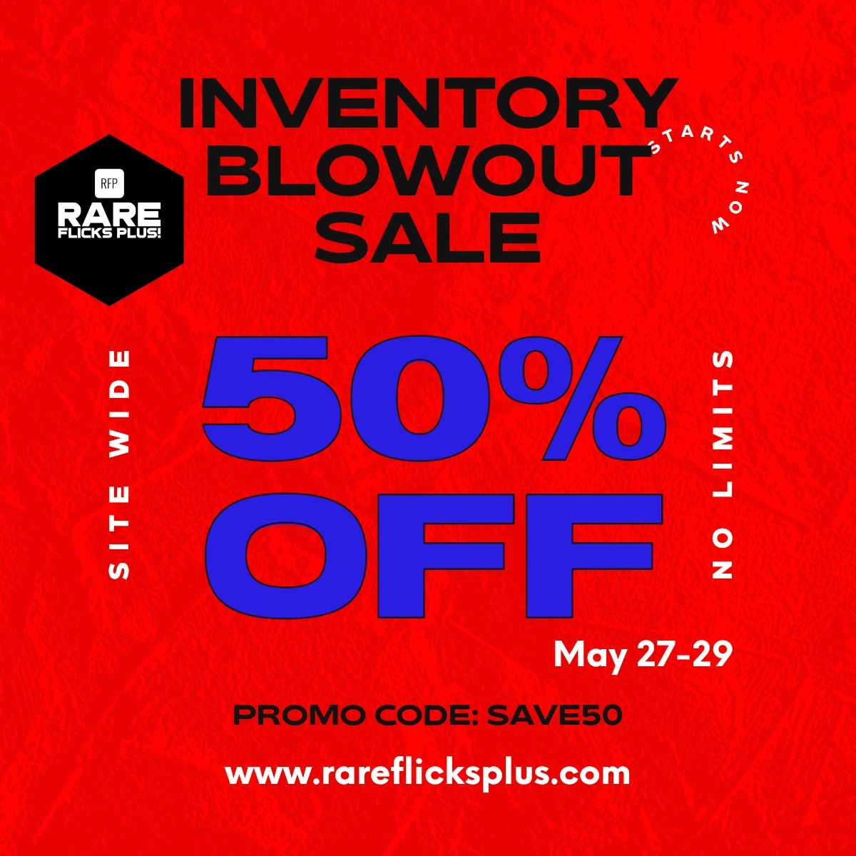 Inventory Blow Out Sale starts tomorrow!! 

SAVE 50% on all VHS, DVDs, Blu-Rays & more!!! Our biggest sale of the year!  

rareflicksplus.com

Use Coupon : SAVE50

#dvds #blurays #dvdsale #bluraysale #film #films #raredvds #oop #physicalmedia #films #dvdcollector