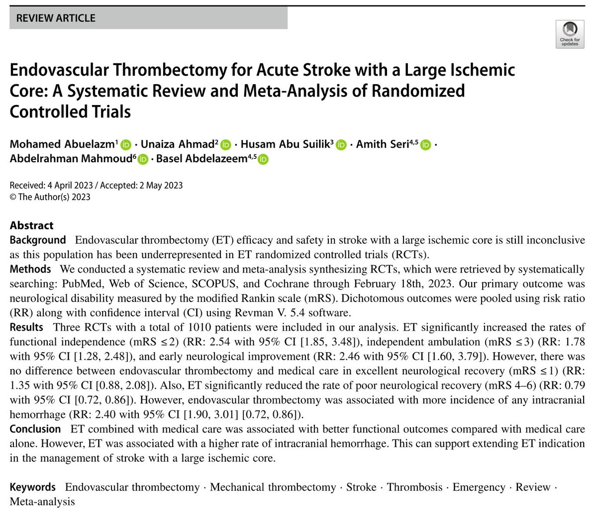 Endovascular thrombectomy can be a viable option for large stroke management. 
For more details read our just published review in Clinical Neuroradiology:
link.springer.com/article/10.100…

Great team effort as always, keep it up everyone 💪👏.