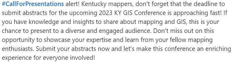 KyGISConference's tweet photo. Abstracts are due by end of business day today:
https://t.co/qZvjuP316d https://t.co/hfT592xNQW