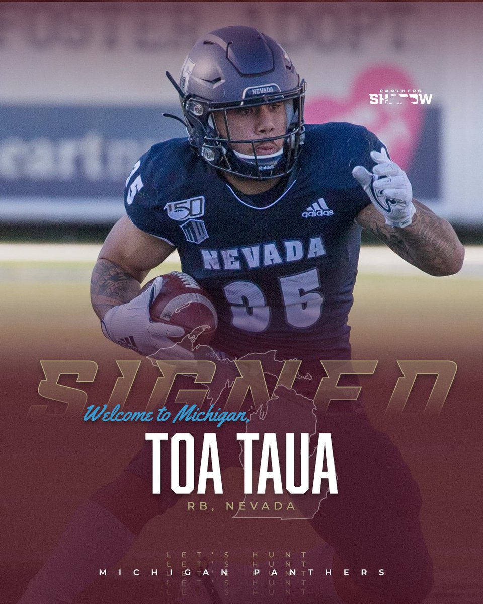 ICYMI: The @USFLPanthers have signed RB Toa Taua from Nevada.

Taua is reunited with QB Carson Strong (though, on IR) after he went undrafted last month.

Welcome to Michigan, Toa!

#USFL #LetsHunt #HuntingSZN