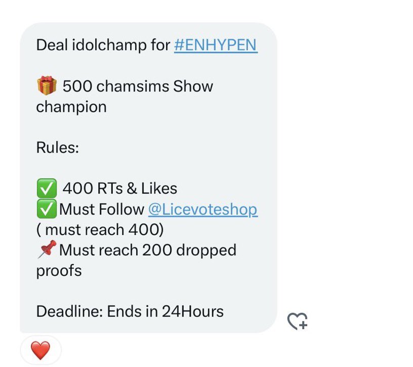 Deal idolchamp for #ENHYPEN

🎁 500 chamsims show champion

Rules:

✅ 400 RTs &amp; Likes
✅ Must Follow @Licevoteshop (must reach 400)
📌 Must reach 200 dropped
proofs

Deadline: Ends in 24Hours