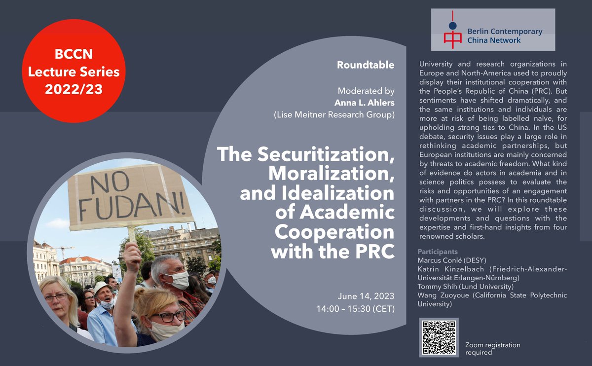 Genia Kostka (@genia_kostka) on Twitter photo What are today's risks and opportunities of an academic engagement with partners in the PRC? Join our next roundtable with @AnnaLiAhlers, Marcus Conle, Katrin Kinzelbach, Tommy Shih, and Wang Zuoyoue! <a href="/BerlinBCCN/">Berlin Contemporary China Network (BCCN)</a>
Register here: zoom.us/j/91890610657?… What are today's risks and opportunities of an academic engagement with partners in the PRC? Join our next roundtable with @AnnaLiAhlers, Marcus Conle, Katrin Kinzelbach, Tommy Shih, and Wang Zuoyoue! <a href="/BerlinBCCN/">Berlin Contemporary China Network (BCCN)</a>
Register here: zoom.us/j/91890610657?…