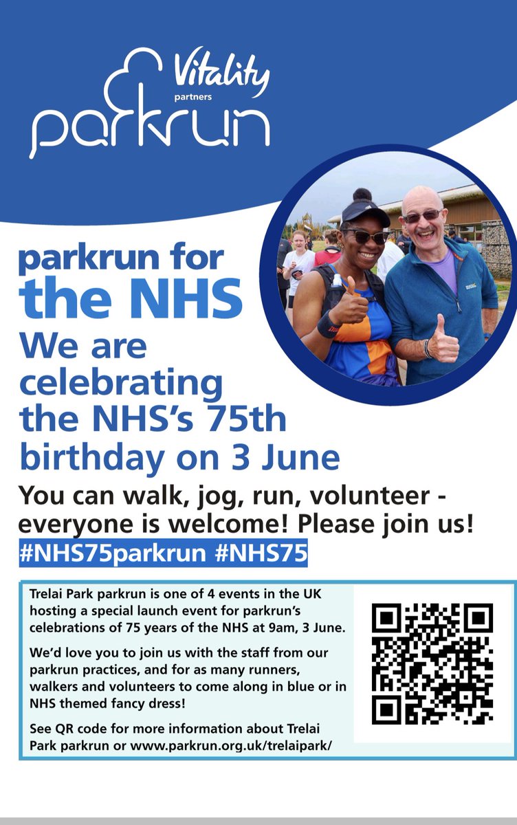 Trelaiparkrun's tweet image. Come and join us in Trelai Park parkrun on Saturday 3 June at 9am for the Welsh launch event for the month of celebrations for the 75th birthday of the NHS 🥳 special guests and cake guaranteed! Please RT