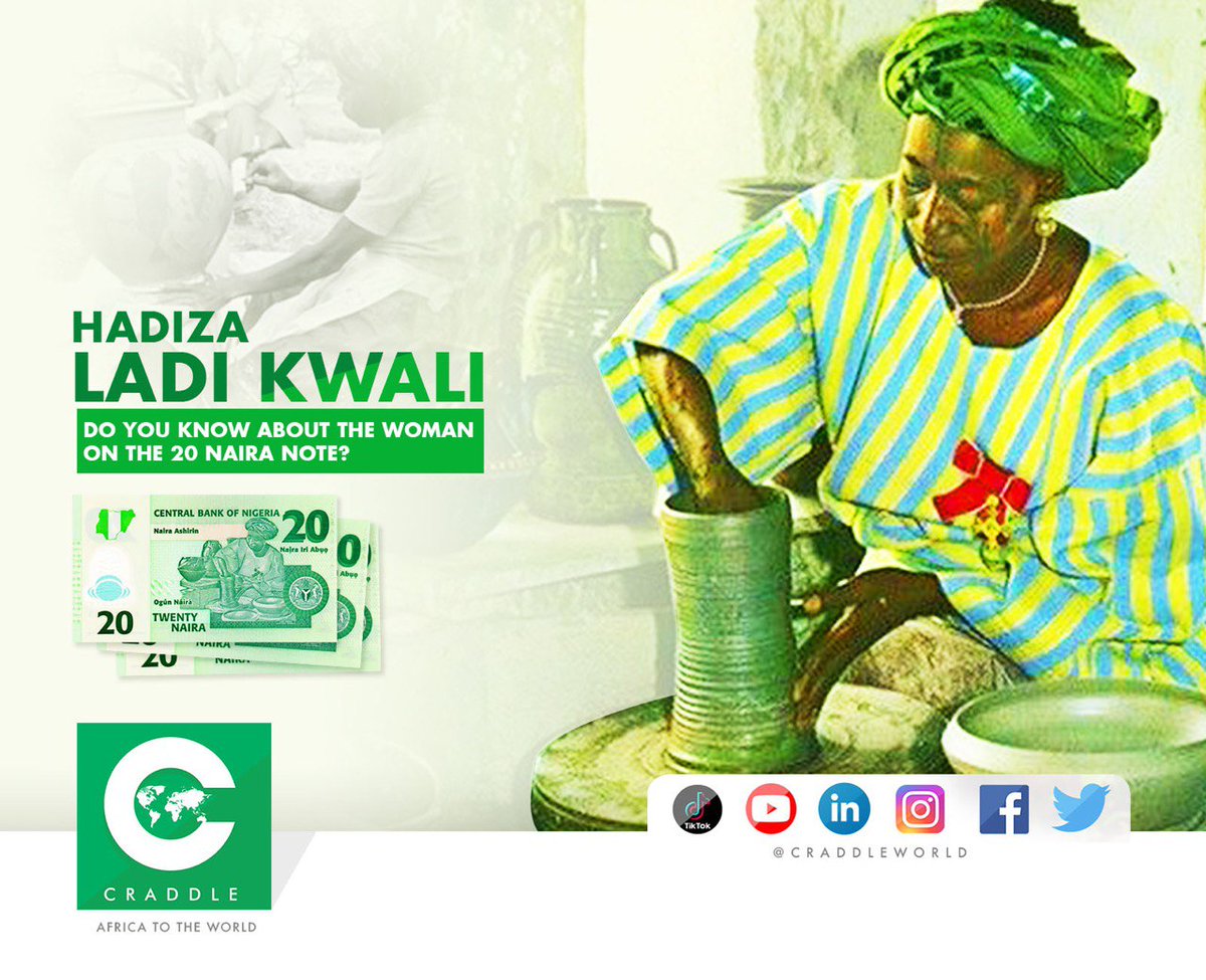 craddleworld's tweet photo. Hadiza Ladi Kwali, Nigeria's best known potter, was awarded a MBE, honorary doctoral degree, Nigerian National Order of Merit Award, and national honour. She is the only woman on the Nigerian naira note.
#craddle #Hadizladikwali #Potter https://t.co/QpGo6r6O4q