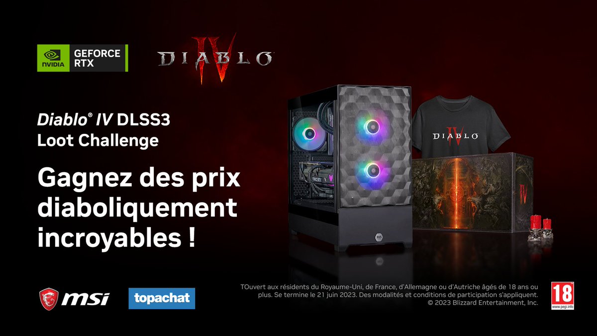 Pour célébrer le lancement de @Diablo_FR IV, participez à un concours diabolique ! Tentez votre chance dès aujourd'hui pour gagner 1x PC gaming équipé d'une @NVIDIAGeForceFR GeForce RTX Série 40 COMMENT PARTICIPER ? 🩸1. Likez ce tweet 🩸2. Commentez #DiabloIVDLSS