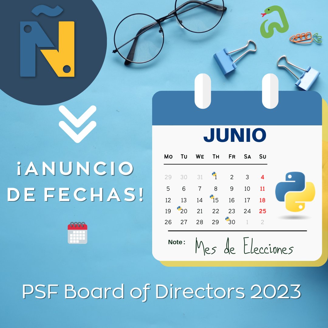 📢🐍 PSF Board Election Dates for 2023🐍📢

Las elecciones de la junta son una oportunidad para que la comunidad elija representantes para ayudar <a href="/ThePSF/">Python Software Foundation</a>, a crear una visión y construir el futuro de la comunidad de #Python.

Más información:👇
pyfound.blogspot.com/2023/05/psf-bo…