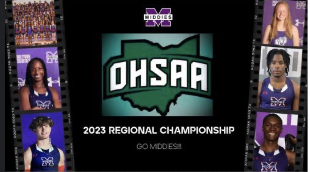 Regional Finals– Wayne High School
5400 Chambersburg Road, Huber Heights, OH

Date & Times:
Friday, May 26, 5:00 PM (Field Events), 6:30 PM (Running)

Tickets: ohsaa.org/tickets

Select Track and Wayne

Middies In Finals:
Boys 4x200
Talan Malicote 300 Hurd.
Bre Boyle 3200
