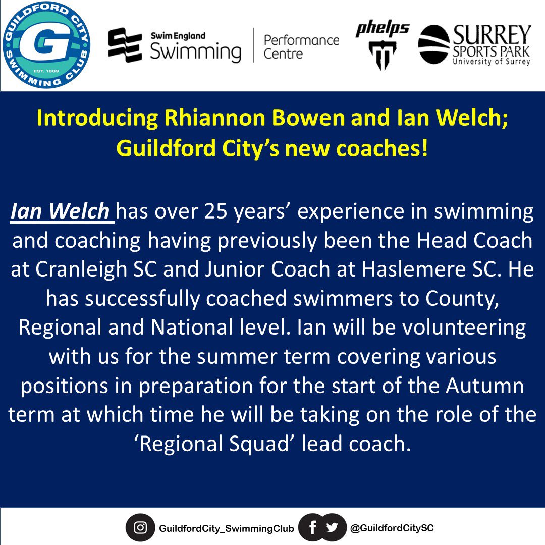 guildfordcitysc's tweet photo. Introducing Rhiannon Bowen and Ian Welch; Guildford City’s newest coaches!

Both coaches are looking forward to meeting everyone and are excited about taking on their respective roles. 

#TeamGuildford #SEPerformanceCentres #Swimming #Coaches #Surrey #strengthandconditioning https://t.co/qIjGvYcJ6P