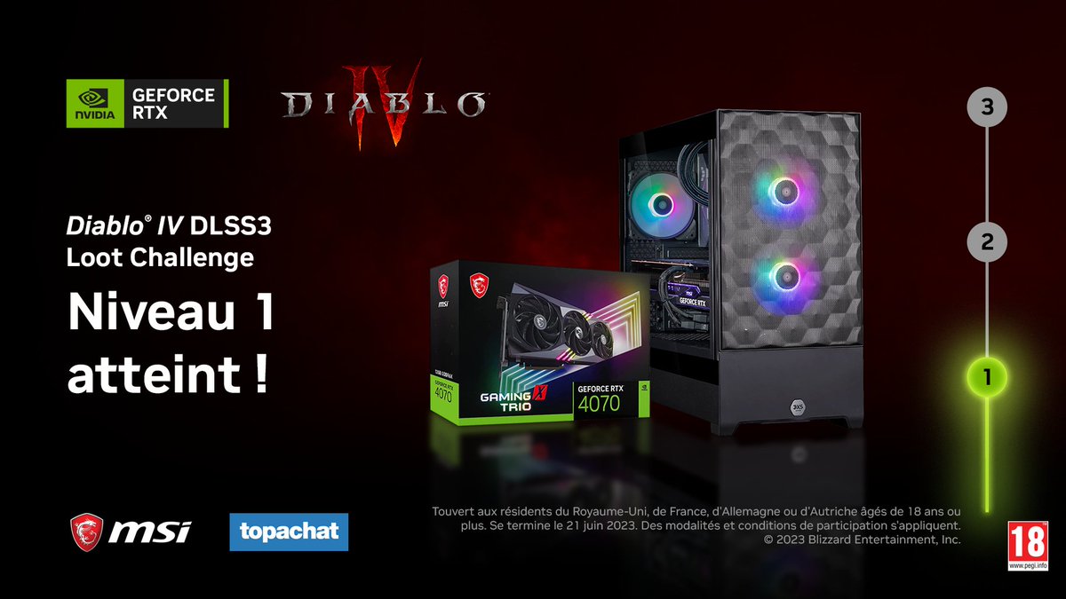 What the 🔥...vous avez déjà débloqué le Niveau 1 de notre #DiabloIVDLSS3 Loot Challenge 😱🔓

Le prix actuel est un PC en <a href="/msifrance/">MSI France</a> Gaming GeForce RTX 4070 - Likez, commentez &amp; partagez pour booster sa puissance !

POUR PARTICIPER : 
1. Likez 
2. Commentez avec #DiabloIVDLSS3