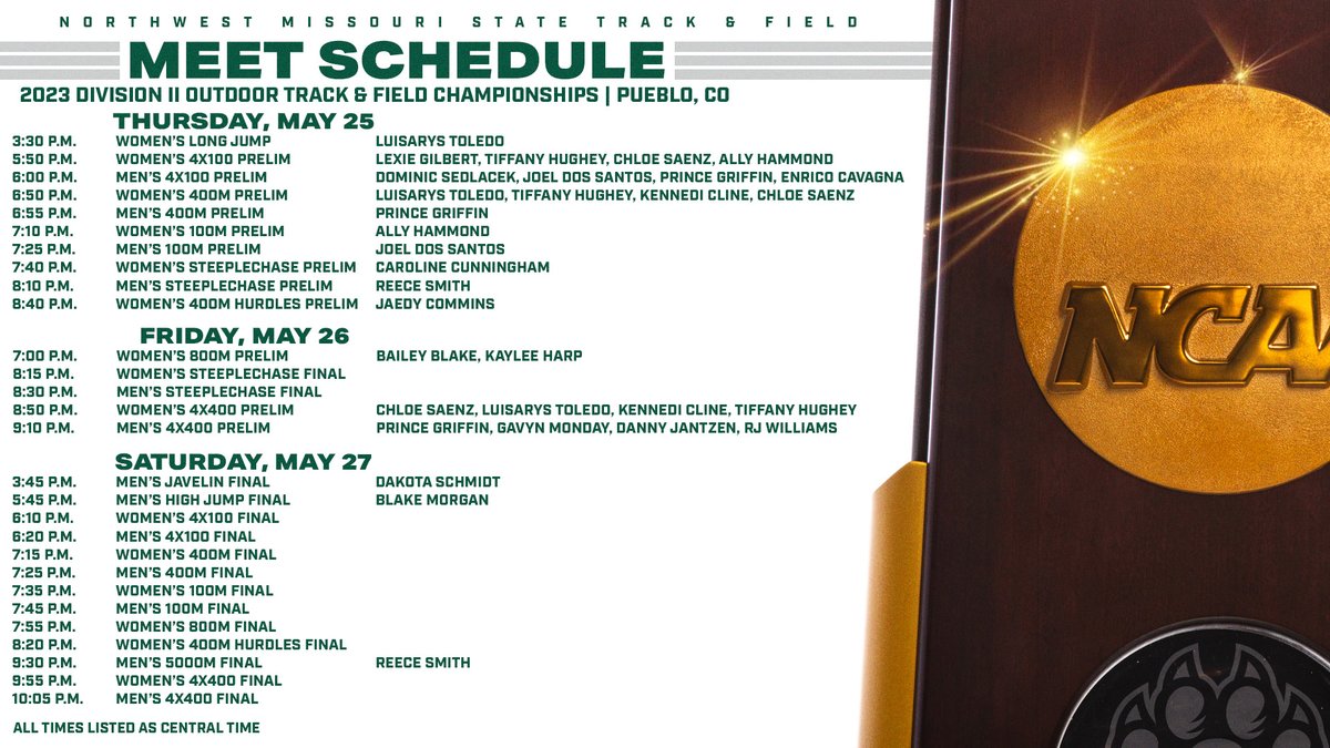 NWBearcatXCTF's tweet image. ‼️ MEET DAY ‼️

🏆 : @NCAADII Outdoor Championships
⏰ : 3:45 p.m. (First Northwest Event)
📊 : bit.ly/421pro1