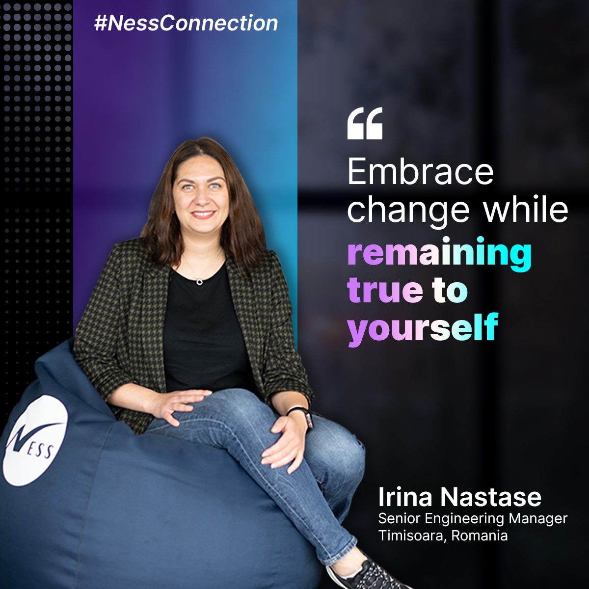 💜 #NessConnection | 'Embrace change while remaining true to yourself' says Irina Nastase,  Senior Engineering Manager at Ness Digital Engineering.  As a travel addict, Irina finds personal fulfillment in exploring new places and flavors. Learn more: bit.ly/437pNLb