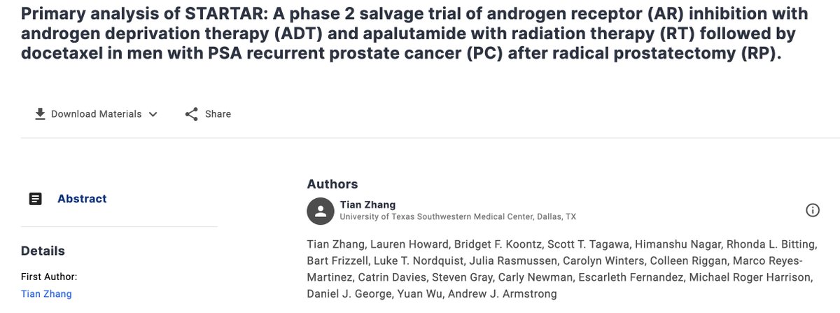 AzadOncology's tweet image. Abs#5016 #ASCO23 @ASCO: STARTAR Ph II trial of ADT, apalutamide, salvage RT, and 6 cycles of docetaxel for high-risk BCR post-RP. Impressive 3-yr PFS 72%

➡️ Eagerly await results of similar Ph 3 #prostatecancer trials ENZARAD, ATLAS, PROTEUS, DASL-HiCaP