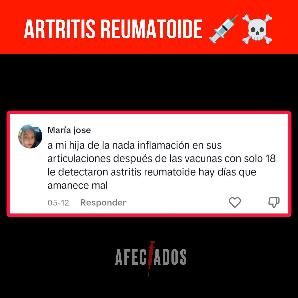🟥 Con tan solo 18 años con achaques 💉👵

Artritis reumatoide: Enfermedad inflamatoria crónica que afecta a muchas articulaciones, incluidas las de las manos y los pies.

@tvc_chile
