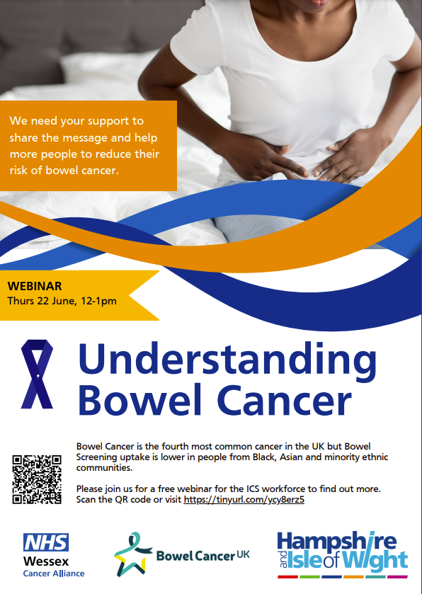 Calling all @HIOW_ICS workforce! Can you name a symptom of bowel cancer? Join our free webinar and find out all you need to know See poster for details or click the link to register: tinyurl.com/ycy8erz5