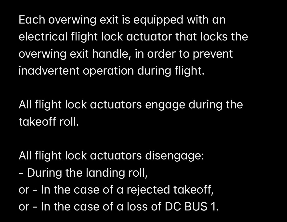 @PRA24 Each overwing exit is equipped with an electrical flight lock actuator that locks the overwing exit handle, in order to prevent inadvertent operation during flight.