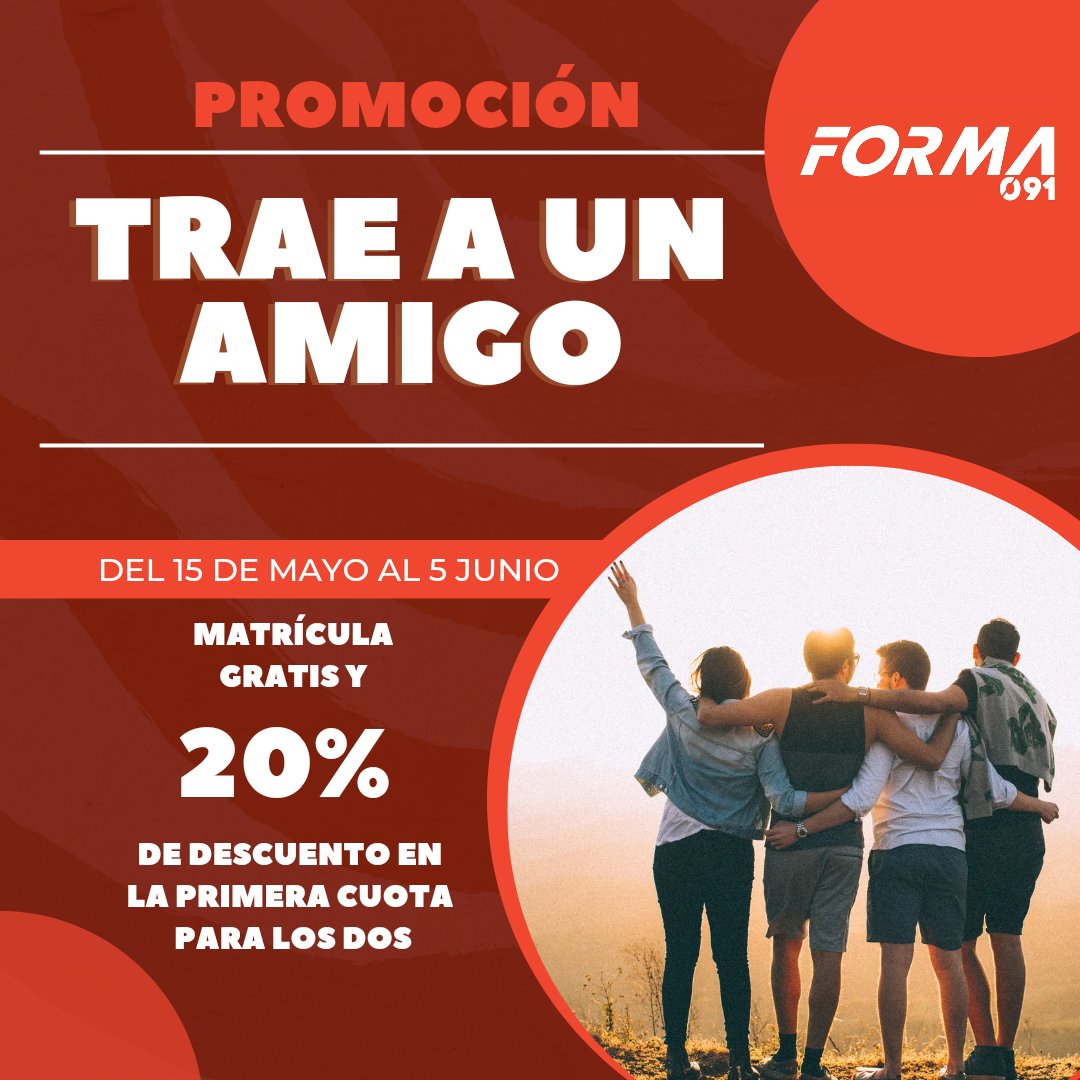 ¡PROMOCIONES ACTIVAS!

Matrícula gratis y si traes un amigo/a os haremos, además, un descuento del 20% en la primera cuota.

Si ya eres alumno/a... ¡te haremos el descuento de la cuota del siguente mes a tí también!