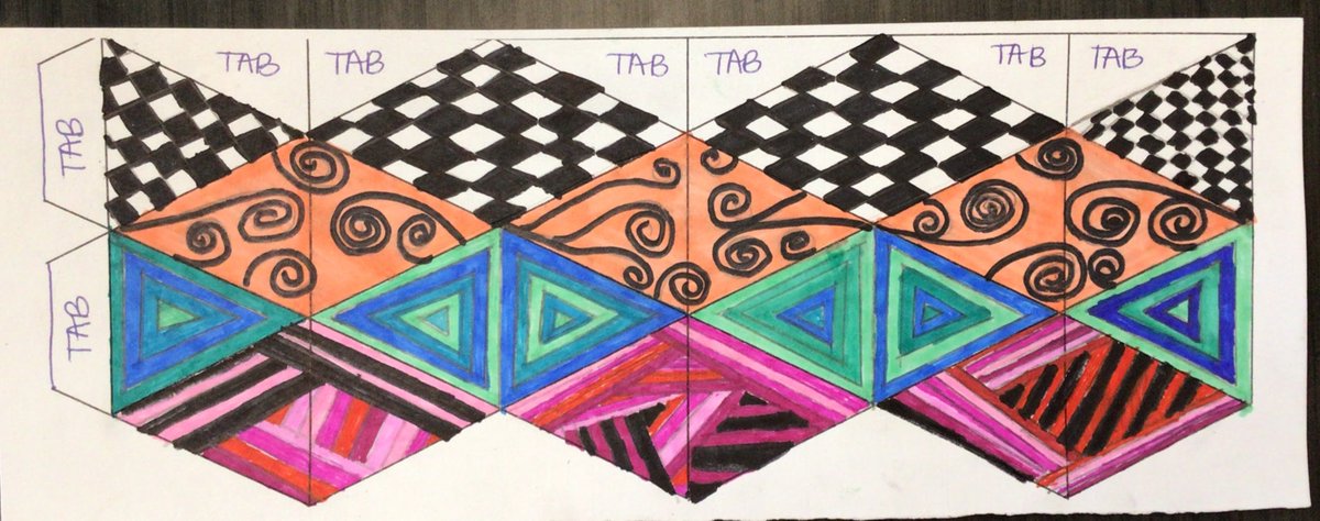yorkart2111's tweet photo. Everyone can explore their own theme when designing a kaleidocycle, aka flextangle, especially at the end of the year!  These kinetic paper fidgets keep engagement high! #middleschoolart #NOWconference #FabArtsFri #arteducation https://t.co/YsFd6qaJr6