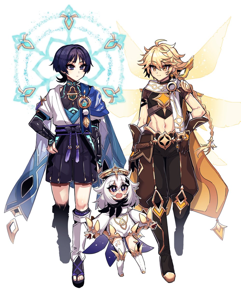 aether (genshin impact) ,paimon (genshin impact) ,scaramouche (genshin impact) 2boys multiple boys 1girl blonde hair bangs boots braid  illustration images