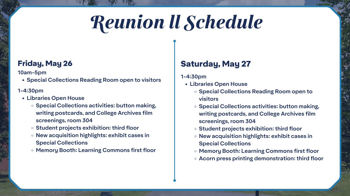 Welcome to campus for Reunion II! Here's a look at what the libraries have in store this weekend.
See the full schedule of events here:bit.ly/SCL2023Reunion